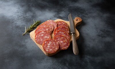 Sliced salami on a light wooden board, with rosemary sprigs,  and a metal knife