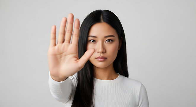 Determined young Asian woman showing a stop gesture with her hand, expressing refusal and setting boundaries