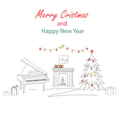Minimalist vector line art of a cozy Christmas interior with a grand piano, classic fireplace, and decorated holiday tree, clean, thin outlines, white background, and small accent details