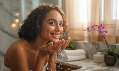 Smiling woman washing her face in a bathroom