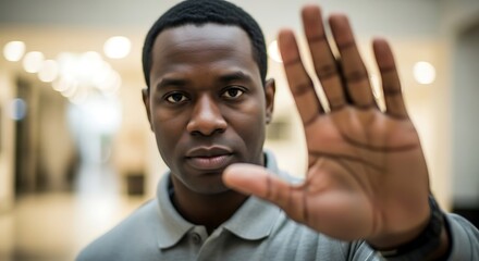 Serious African American Man Holds Up Hand in Stop Gesture Expressing Boundaries and Control in Mode.jpg