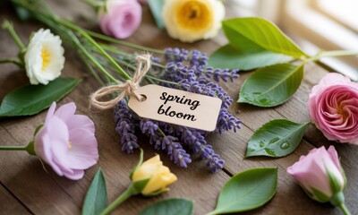 Spring flowers and greenery arranged on a wooden surface, with a tag reading "spring bloom