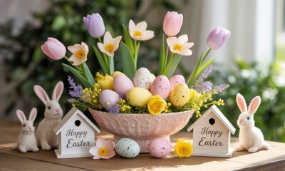 Spring Easter centerpiece with tulips, eggs, and bunnies