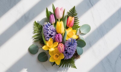 Spring flower arrangement on light surface