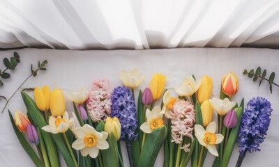 Spring flowers arranged on a windowsill