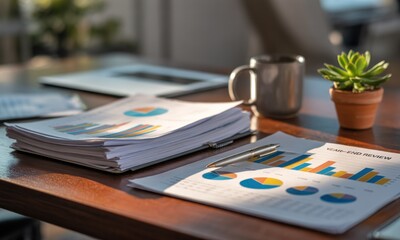 Stacked reports, charts, and graphs on a wooden desk, bathed in sunlight.  A mug and succulent plant are also present