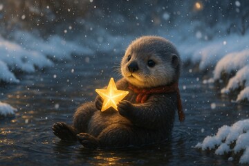Cute Baby Otter Wearing a Red Scarf Holding a Glowing Star in a Snowy River