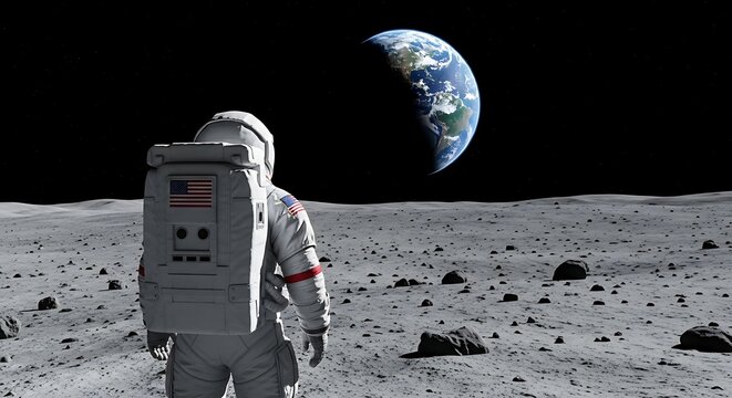 Astronaut standing on the moon looking at Earth in the distance symbolizing space exploration and th.jpg - Powered by Adobe