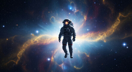 Astronaut floating in zero gravity in front of a bright blue and gold galaxy.