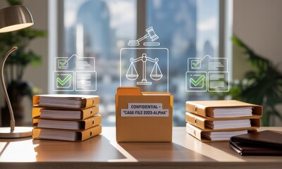 Stacks of files, marked "Confidential," sit on a desk in an office.  A digital overlay shows legal icons, including scales and a gavel, above the files