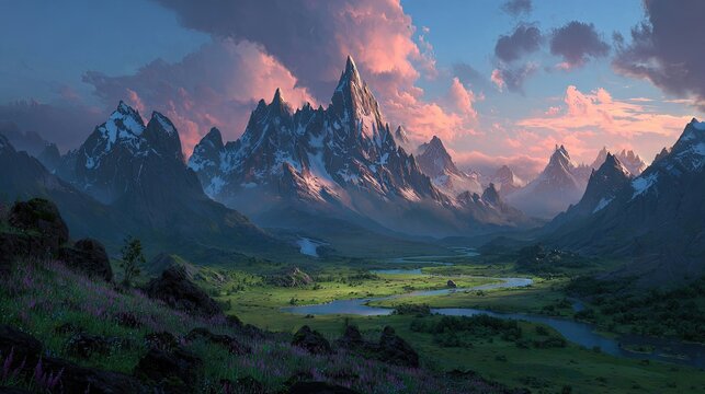 Scenic Mountain Valley At Sunrise With Pink Clouds - Powered by Adobe