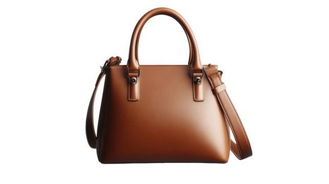 Elegant brown leather handbag isolated on transparent background for womens fashion