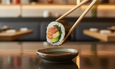 Sushi roll held by chopsticks, above dipping sauce