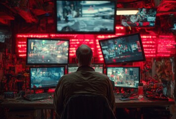 Obraz premium A person sits at a desk surrounded by multiple computer screens displaying various data and images, illuminated by a red glow, creating a futuristic and technologically advanced atmosphere