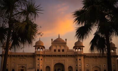 Sunset over a historical building, palm trees frame