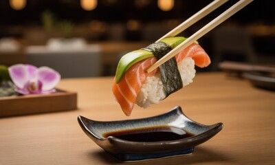 Sushi piece, salmon and avocado, held by chopsticks, above a small dish of soy sauce