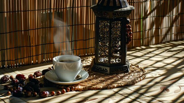 Steaming cup of coffee or tea with dates, prayer beads, and a decorative lantern on a patterned mat, bathed in warm light.
