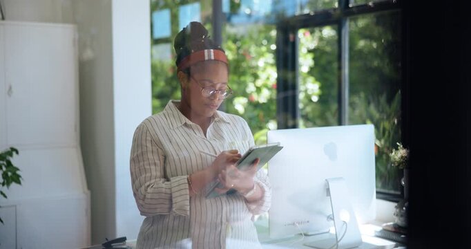 African woman, writing and stylus with tablet for research, editing article and confirm submission. Person, remote work or digital for proofreading report, update draft and story publication at house
