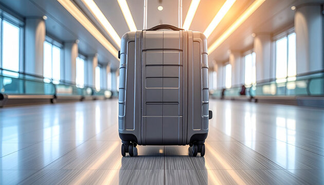 Suitcase stands in a modern airport terminal with bright lights and a moving walkway in the background. - Powered by Adobe