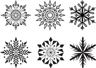 Obraz premium Snowflakes Collection Winter Season Black Silhouette of Various Frozen Crystal Shapes Ornamental Decoration Snow Vector Illustration