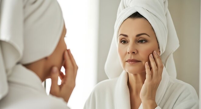 Woman in bathrobe examining her face in the mirror seeking skincare solutions for aging skin and wri.jpg