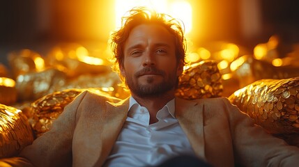 Man relaxing in golden cushions