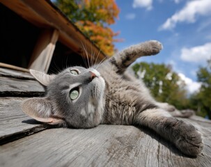 Obraz premium A relaxed gray cat with green eyes lies on a wooden surface, basking in the sunlight with a clear blue sky and some trees in the background, enjoying a beautiful day