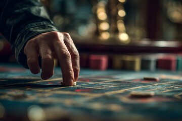 A player placing chips on a poker table, blurred hands of other players in background, warm subtle lighting. High quality photo
