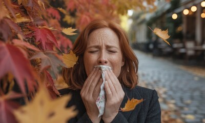 Woman blowing her nose in autumn