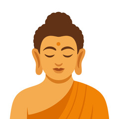 Serene Cartoon Buddha Portrait with Closed Eyes and Orange Robes Vector Illustration for Spiritual Zen Designs