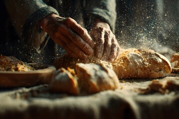 Hands breaking bread, cozy vibe, food time. High quality photo