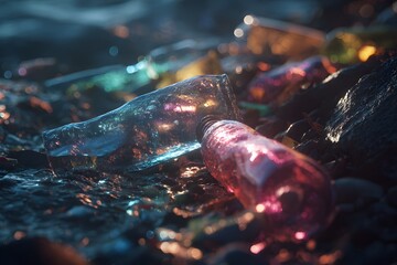 Ocean plastic pollution close-up, bottles and debris. High quality photo