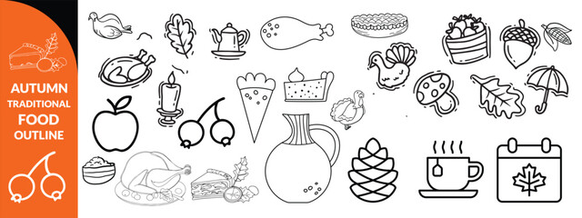 Autumn traditional food icon, thanksgiving day holiday table hand drawn doodle line illustration set. Harvest fall pumpkin, celebration turkey, dessert pie, November eatery design element.  big set 