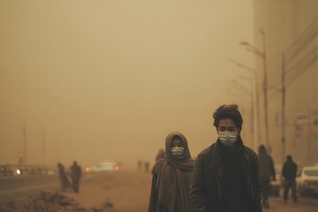 People wearing masks during sandstorm, urban background. High quality photo