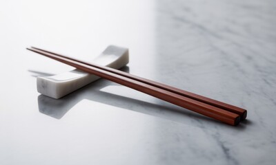 Wooden chopsticks on a white marble coaster