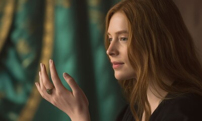 Woman with long ginger hair, profile view, holding hand out, ring on finger, soft focus background