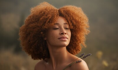 Woman with vibrant, curly red hair,  eyes closed, holding lavender