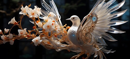 A white phoenix , a small creature made of glass that is sitting in the palm of your hand,generative AI