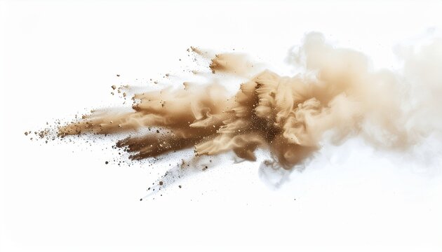 A dramatic burst and cloud of beigebrown dust and particles, frozen mid-air against a clean white background.