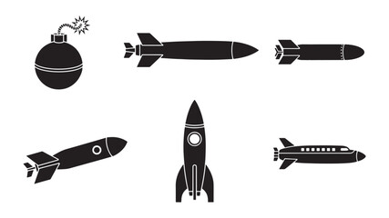 Set of black and white missile icons vector illustration of rocket and bomb symbols isolated on white background