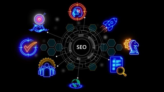 SEO, Search Engine Optimization for promoting ranking traffic on website ,cube glow with c technology matrix global security with digital spot light and stretch glowing 4k video animation