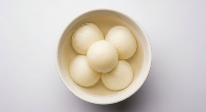 Five perfectly peeled hard boiled eggs in a white bowl