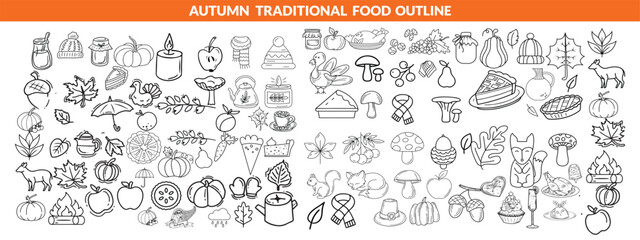 Autumn traditional food icon, thanksgiving day holiday table hand drawn doodle line illustration set. Harvest fall pumpkin, celebration turkey, dessert pie, November eatery design element.  big set 