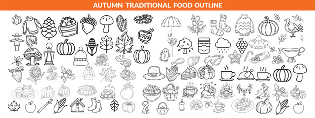 Autumn traditional food icon, thanksgiving day holiday table hand drawn doodle line illustration set. Harvest fall pumpkin, celebration turkey, dessert pie, November eatery design element.  big set 