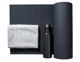 Fitness Yoga Mat and Water Bottle Flat-Lay, Isolated PNG