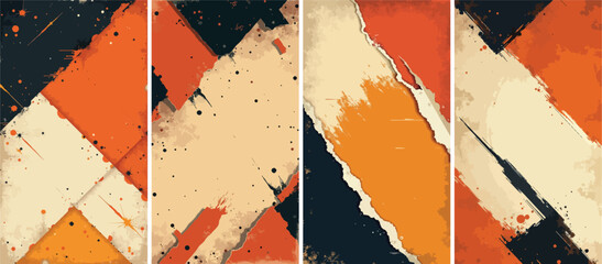 Set of abstract geometric grunge background in burnt orange, cream, and black, featuring torn paper edges, paint splatters, and dynamic brushstroke effects — vector panel collection