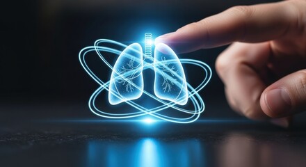 Human lung hologram with a hand touching representing respiratory health technology