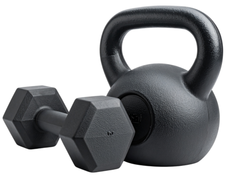  Modern Fitness Dumbbells and Kettlebell Set, Isolated on Transparent Background PNG
