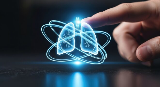 Human lung hologram with a hand touching representing respiratory health technology
