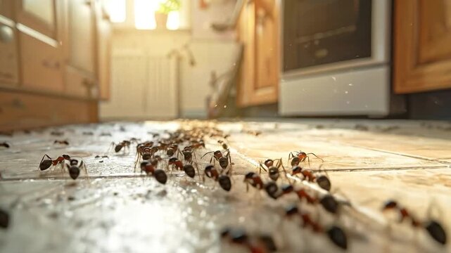 Ant Infestation A Trail of Ants Invading a Kitchen Floor in Pursuit of Food Resources